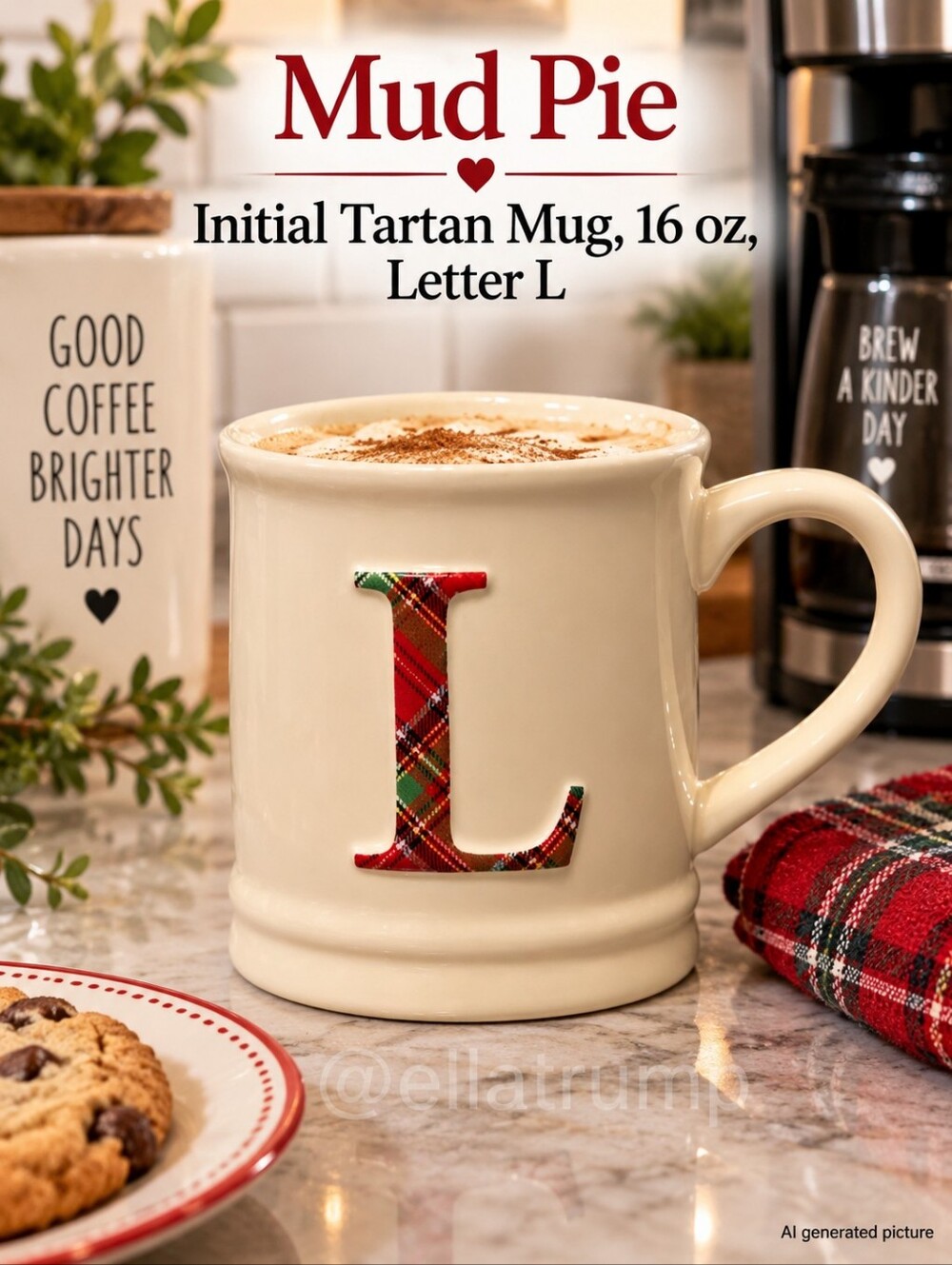 Mud Pie Initial Tartan Mug, 16 oz, Letter L